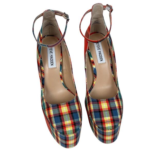 Steve Madden Skyscraper Red Multicolored Plaid Platform Heels 6 - Picture 2 of 6